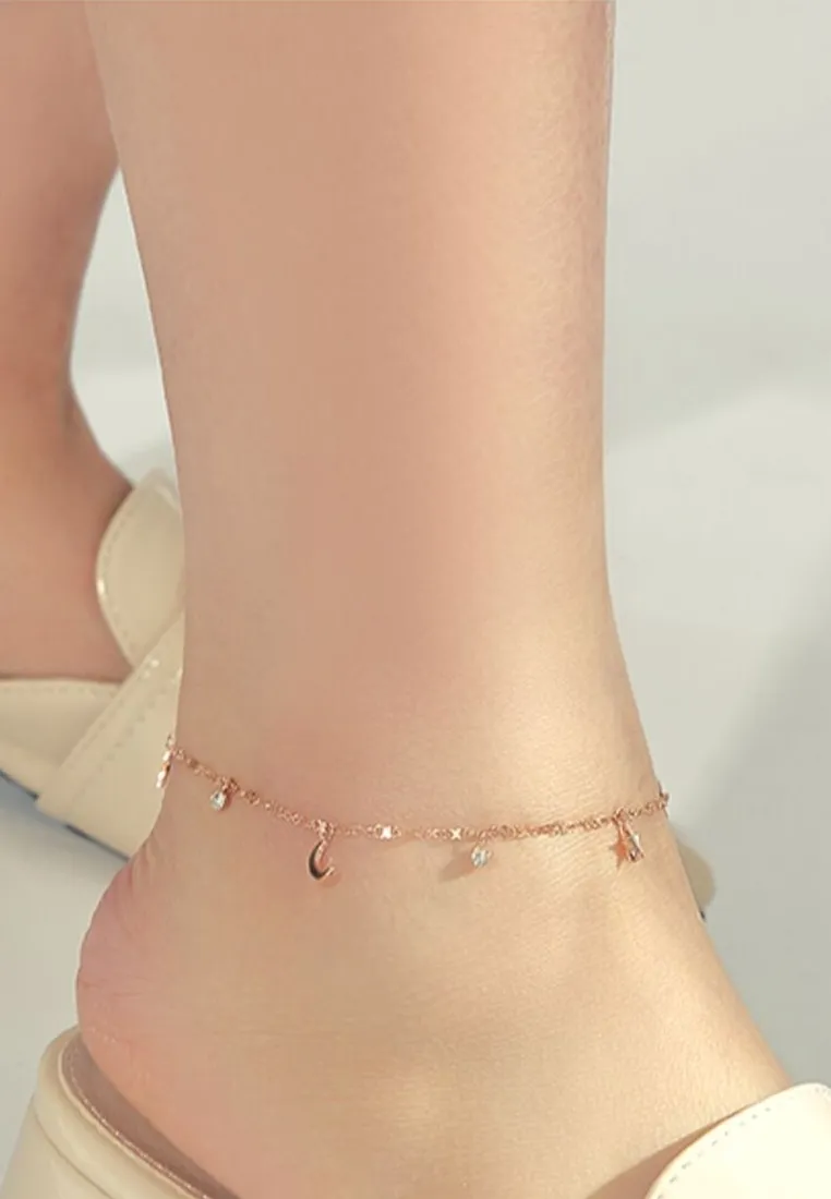 Celestial Moon and Stars with Zirconia Anklet in Rose Gold