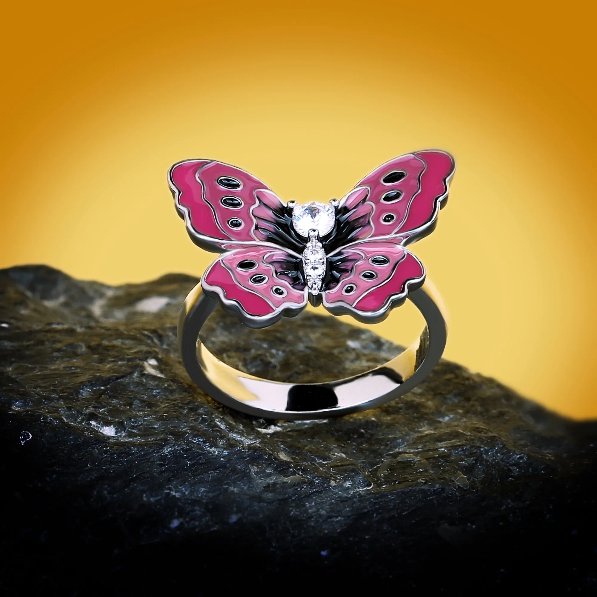 Chinese Jewelry Pink Butterfly Enamel Ring for Women with Zircon in 925 Silver