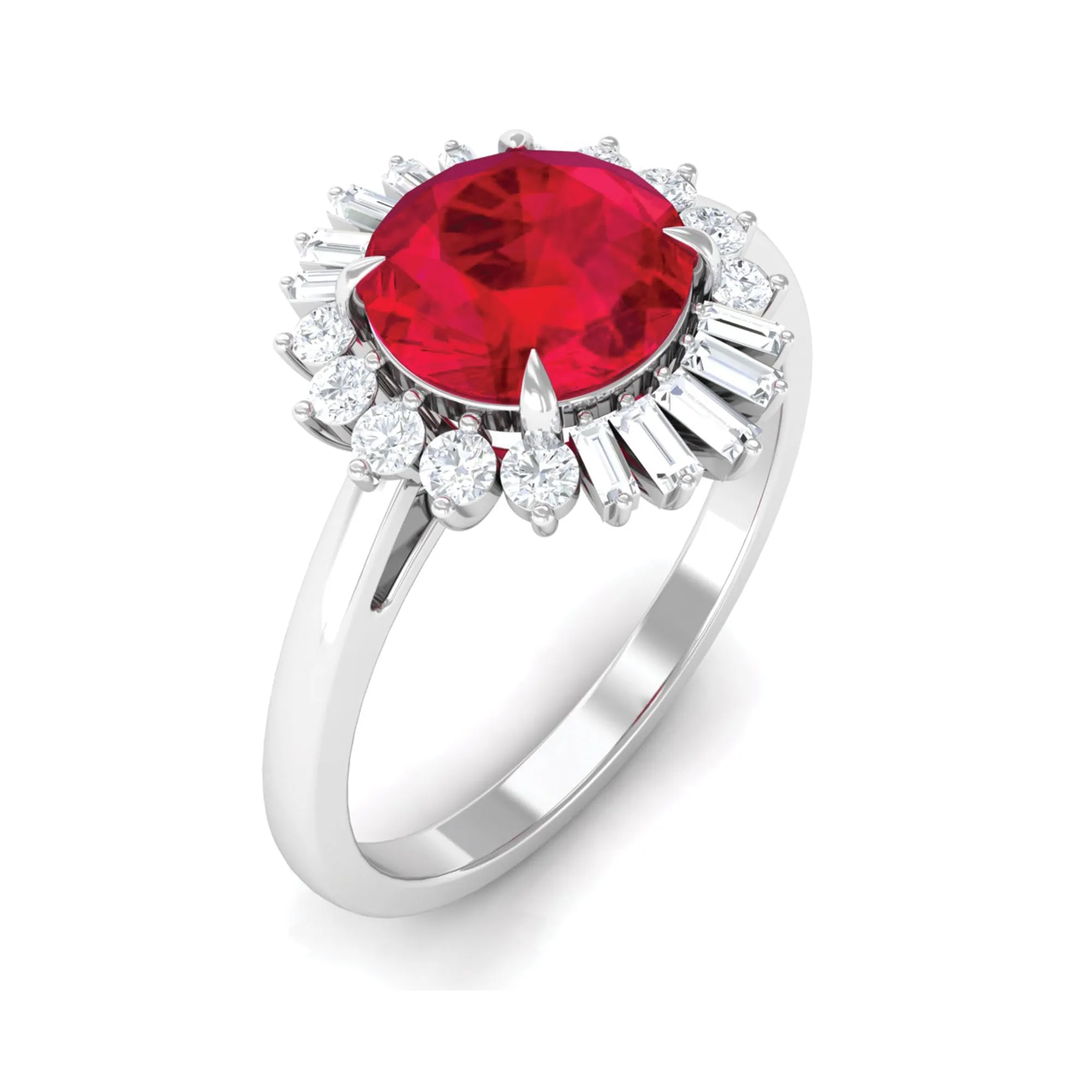 Claw Set Created Ruby Cocktail Ring with Diamond Halo