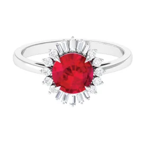 Claw Set Created Ruby Cocktail Ring with Diamond Halo