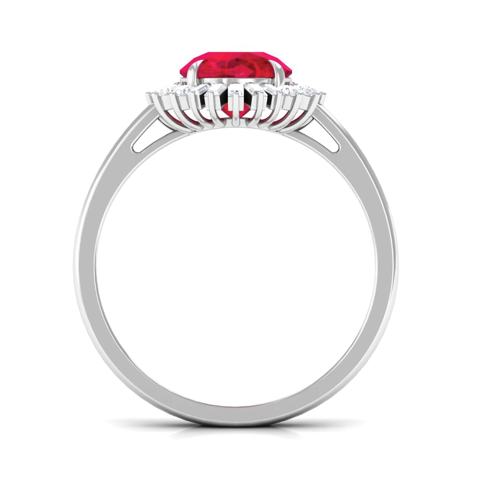 Claw Set Created Ruby Cocktail Ring with Diamond Halo