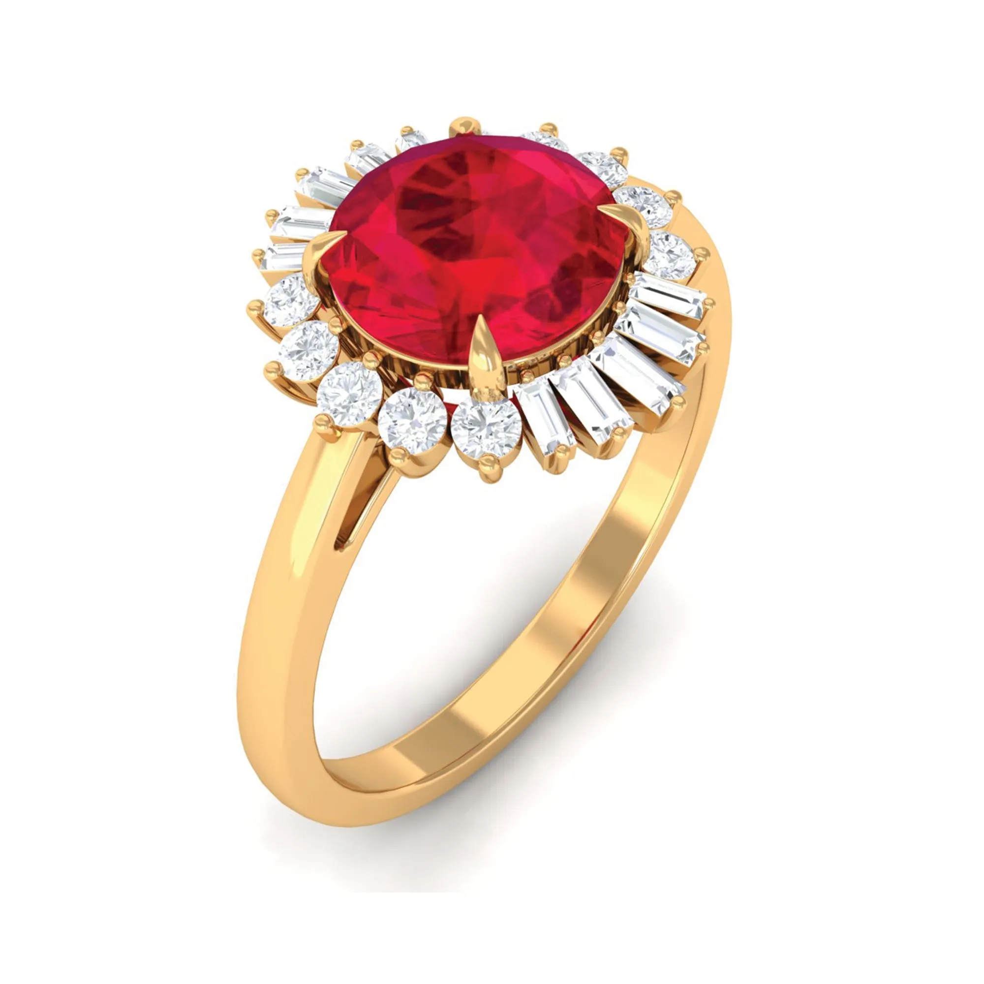 Claw Set Created Ruby Cocktail Ring with Diamond Halo