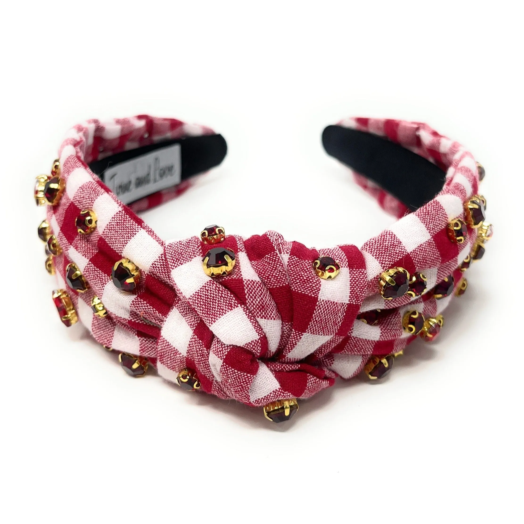 Crimson Red Gingham Jeweled Knot Headband