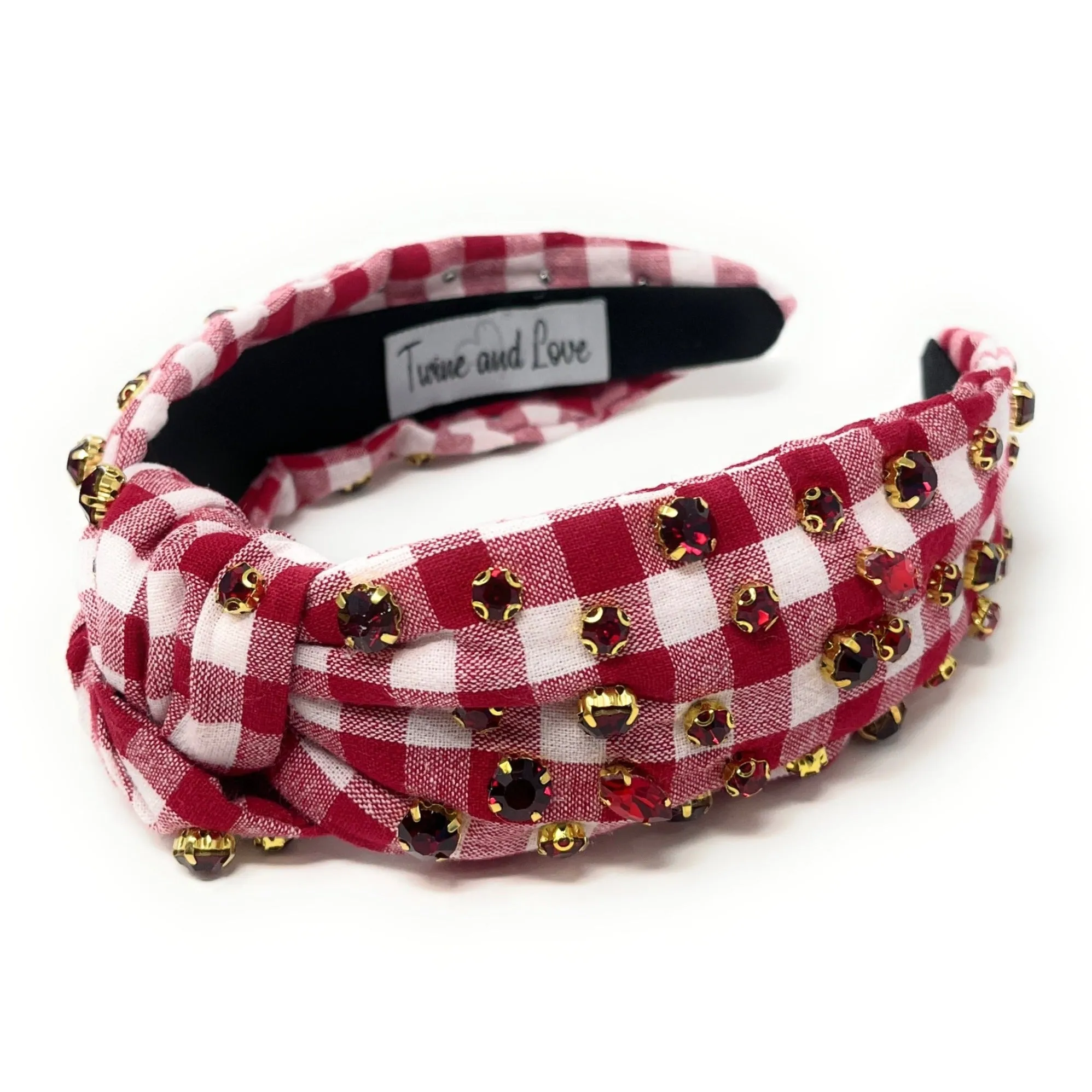 Crimson Red Gingham Jeweled Knot Headband