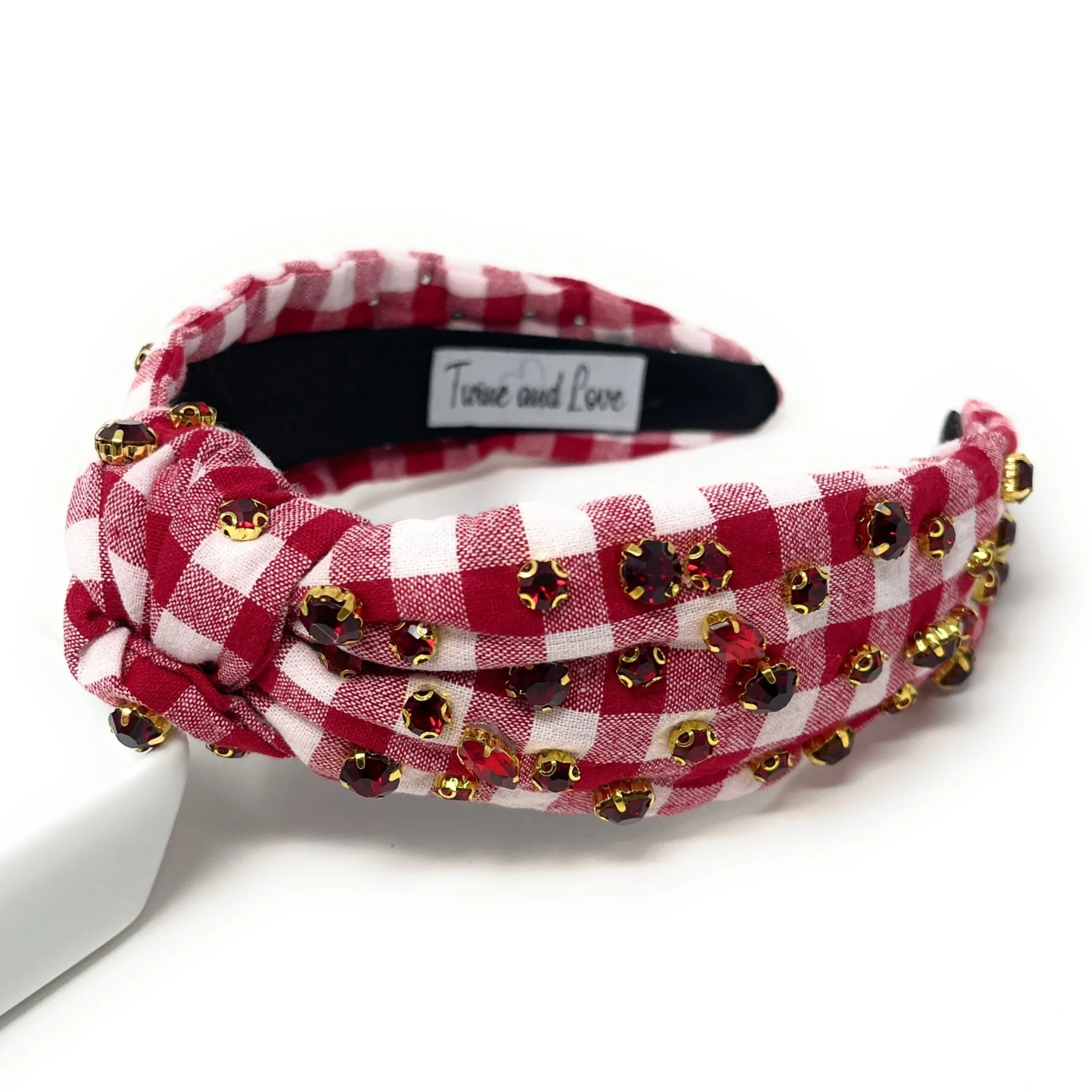 Crimson Red Gingham Jeweled Knot Headband