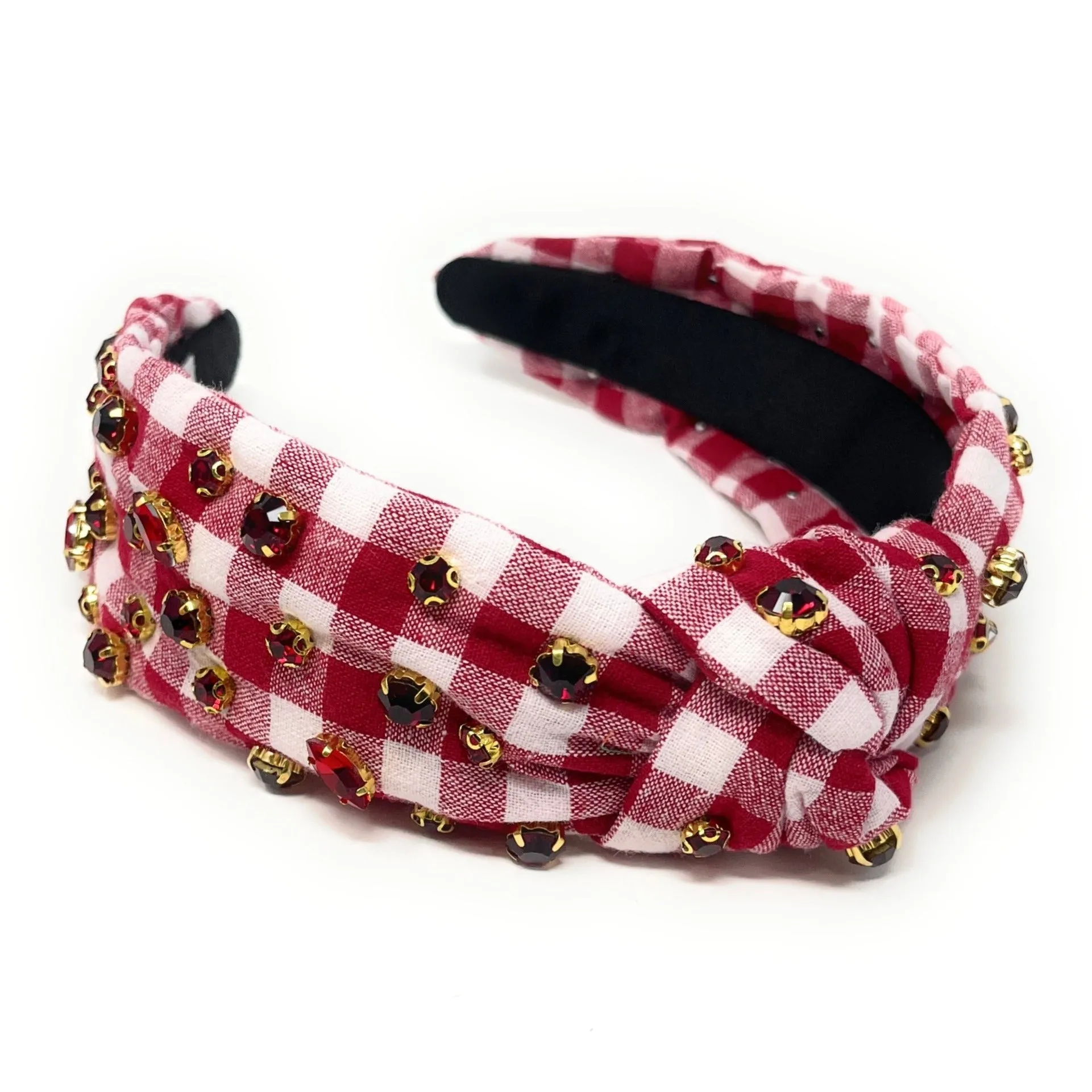 Crimson Red Gingham Jeweled Knot Headband