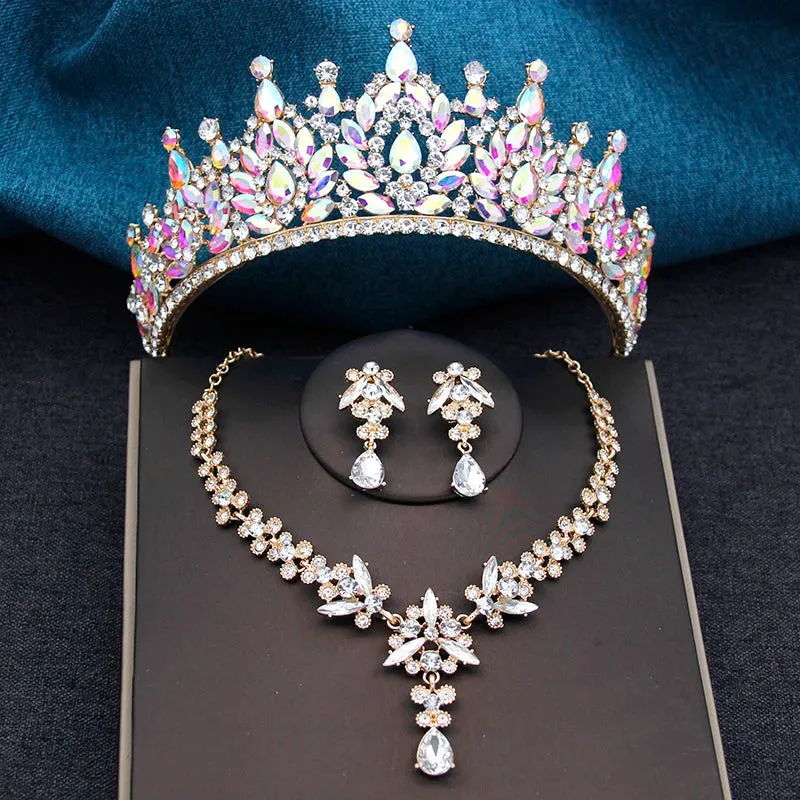 Crystal Bridal Crown Jewelry Sets Tiaras Earrings Necklace for Women