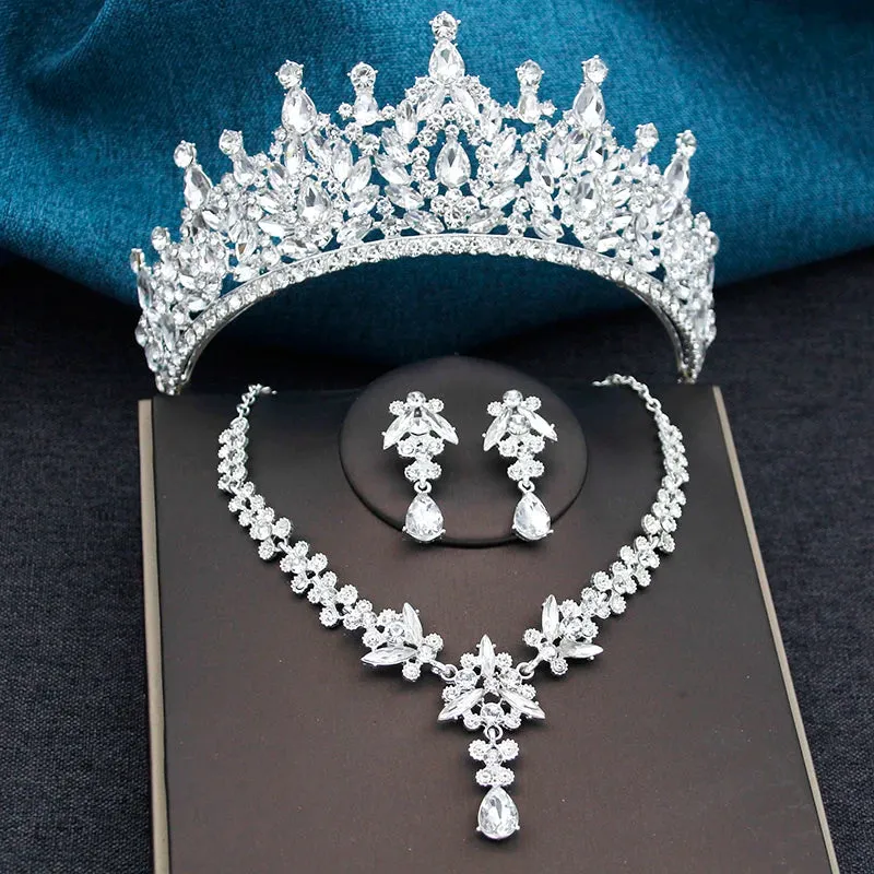 Crystal Bridal Crown Jewelry Sets Tiaras Earrings Necklace for Women