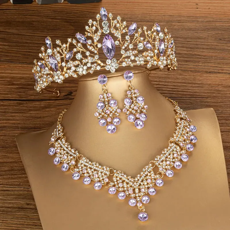 Crystal Bridal Jewelry Sets For Women Tiara Earrings Choker Necklace Accessory Set