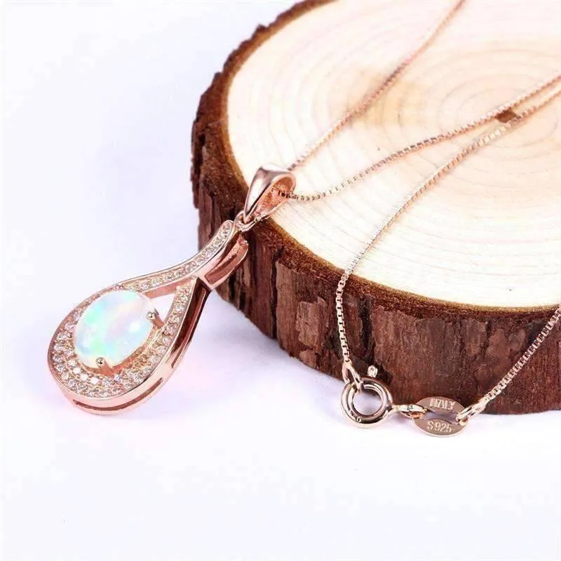 Divine Opal and Rose Gold Drop IOBI 925 Sterling Silver Necklace