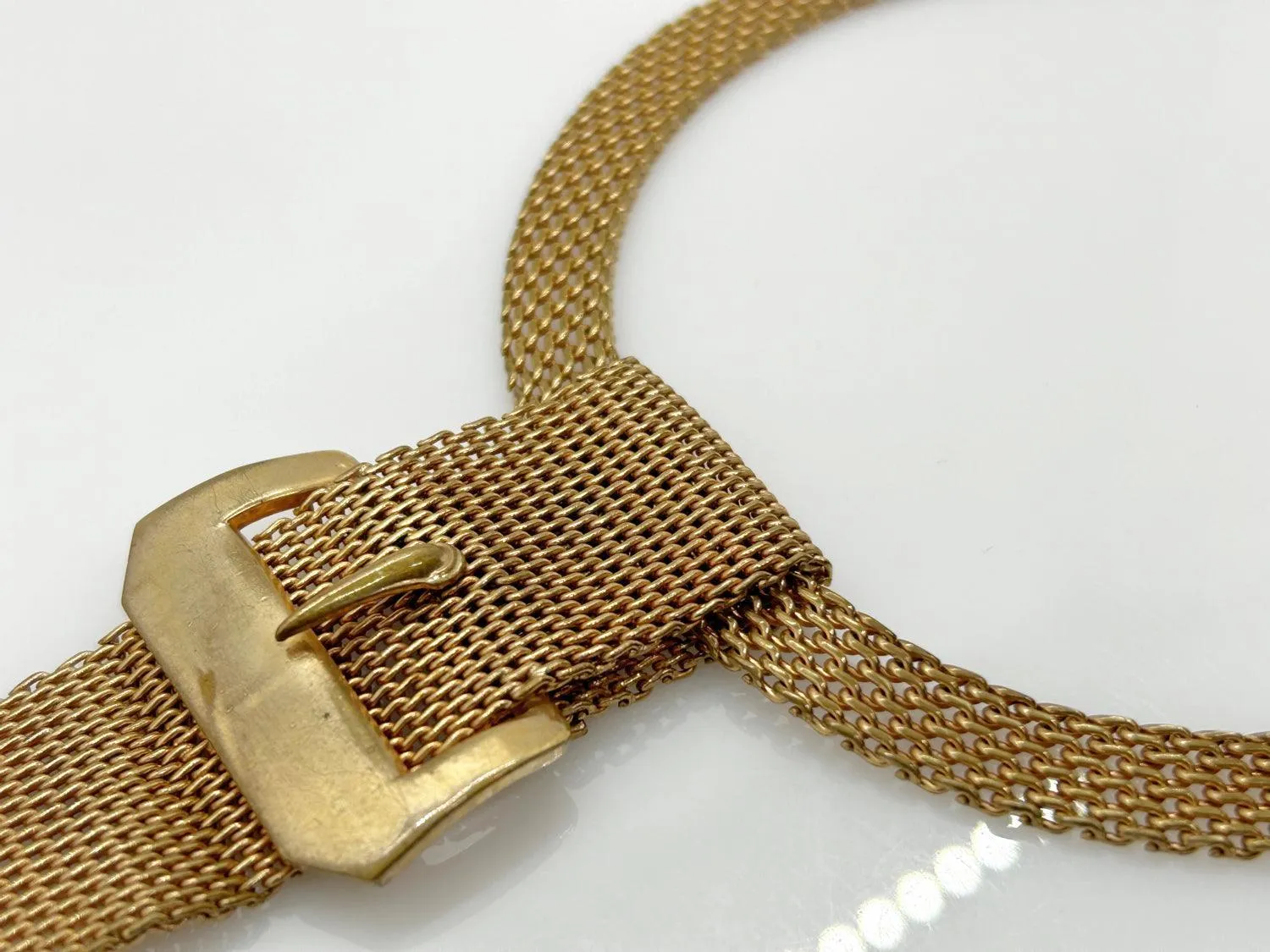 Dramatic Vintage Gold Tone Mesh Buckle Necklace