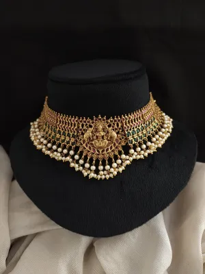 Exquisite Antique Lakshmi Choker Set with Kemp & Green Stones