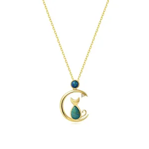 FANCIME Opal Dreamy Moon & Kitten Cat 18K Yellow Gold Necklace