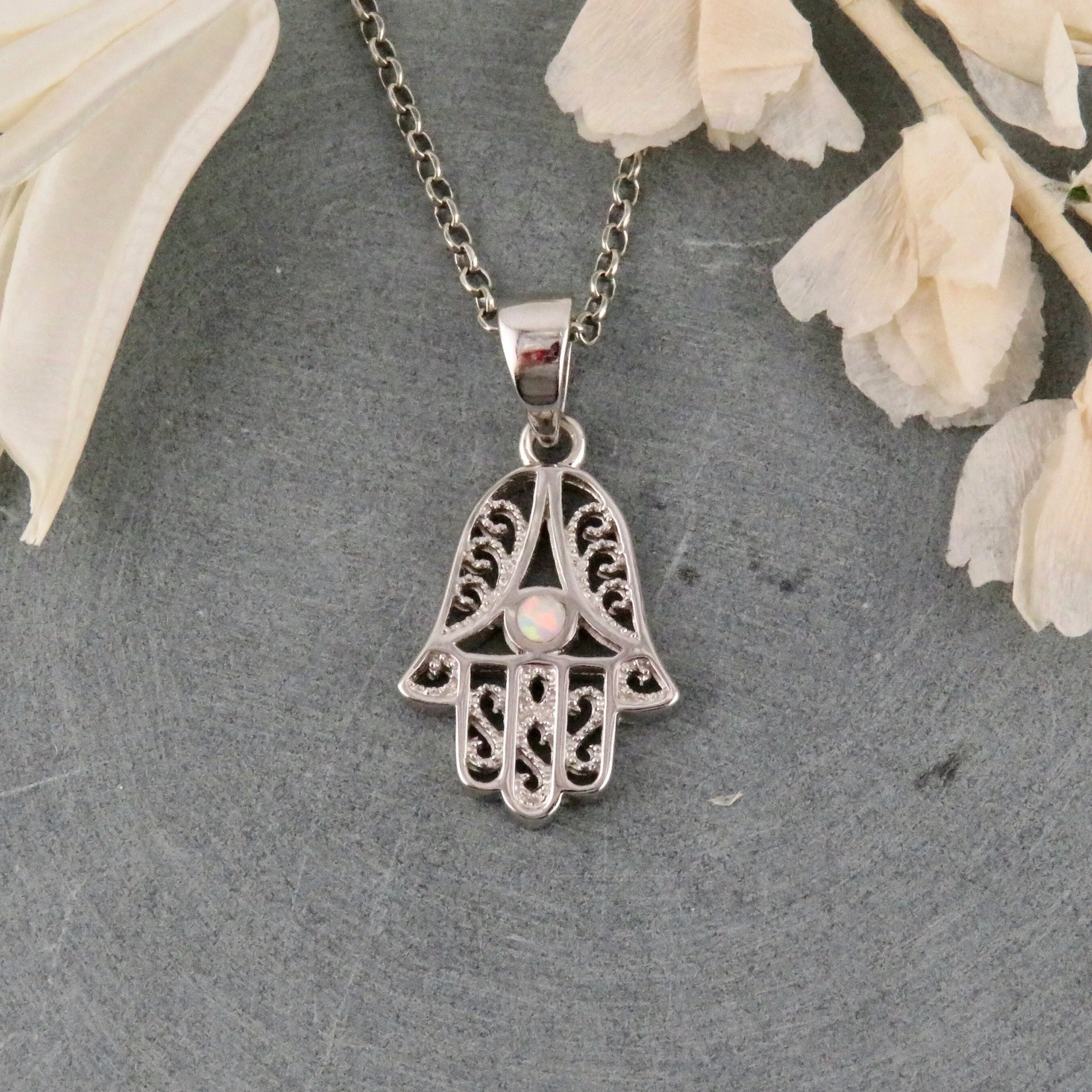 Filigree Sterling Hamsa Opal Necklace