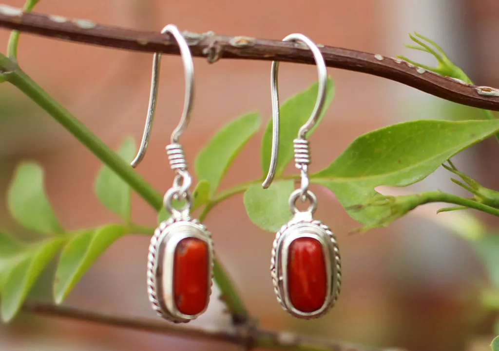 Fine Carving Coral Inlaid Silver Earrings