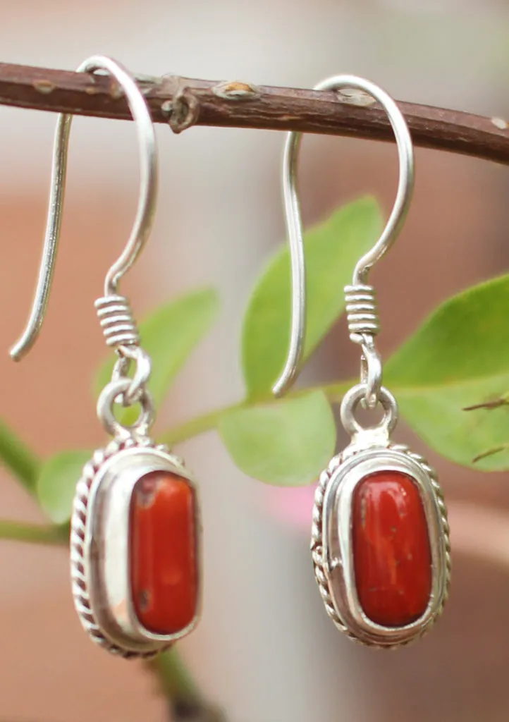 Fine Carving Coral Inlaid Silver Earrings