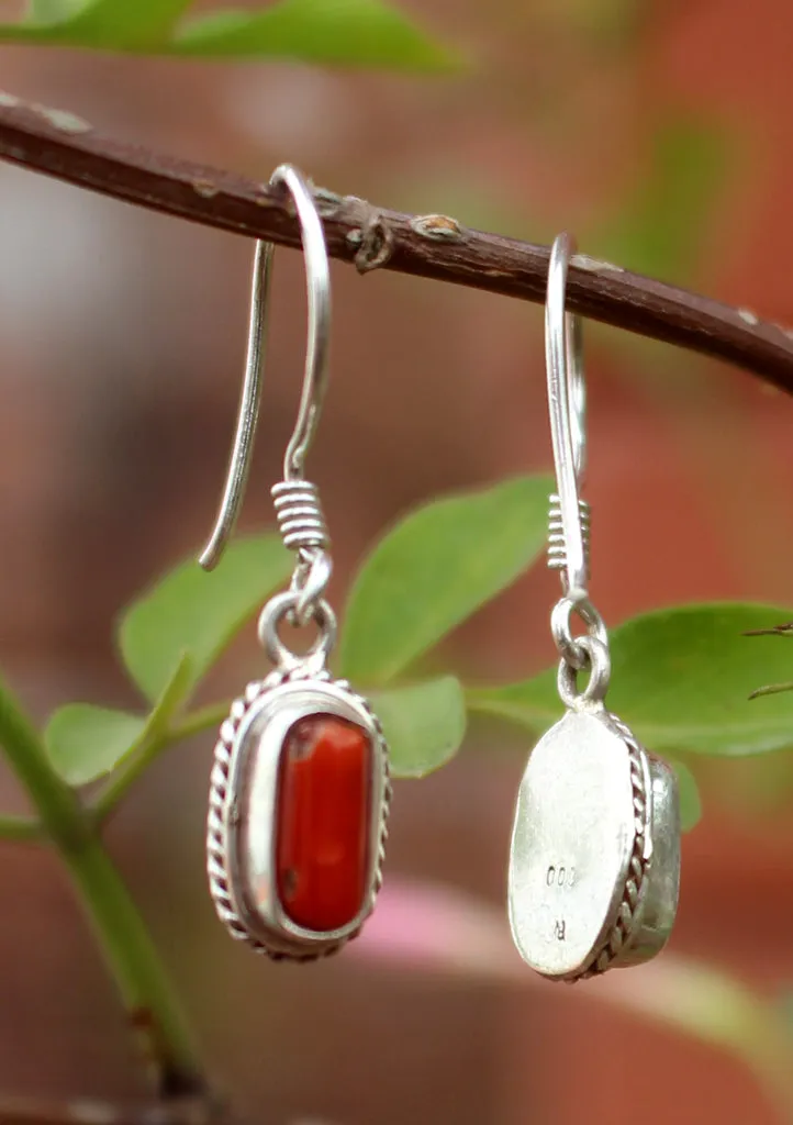 Fine Carving Coral Inlaid Silver Earrings