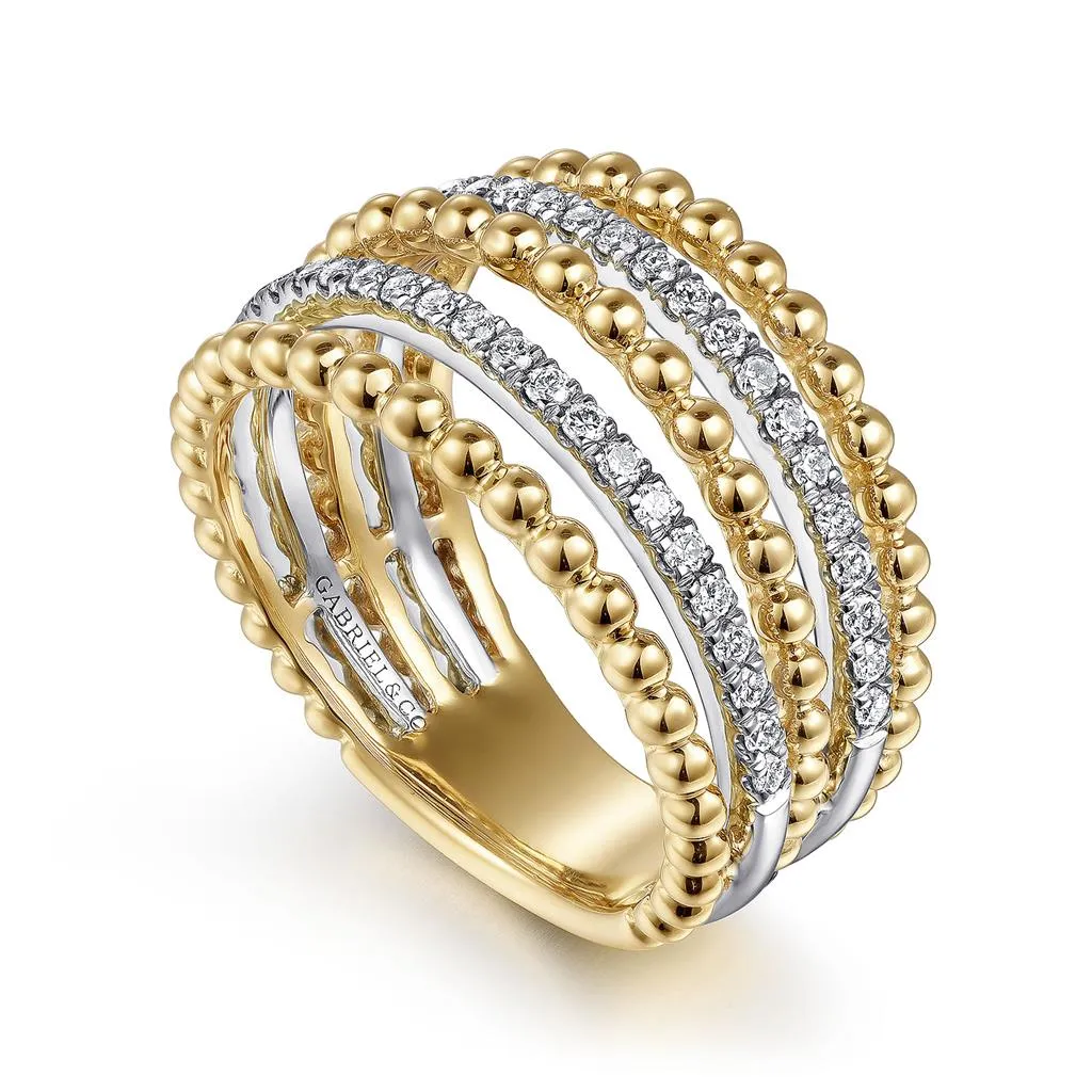 Gabriel & Co. 14K Yellow Gold Multi Row Bujukan Beads and Diamond Easy Stackable Ring