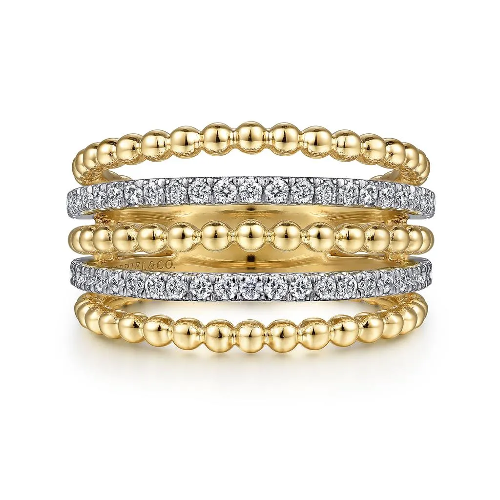 Gabriel & Co. 14K Yellow Gold Multi Row Bujukan Beads and Diamond Easy Stackable Ring