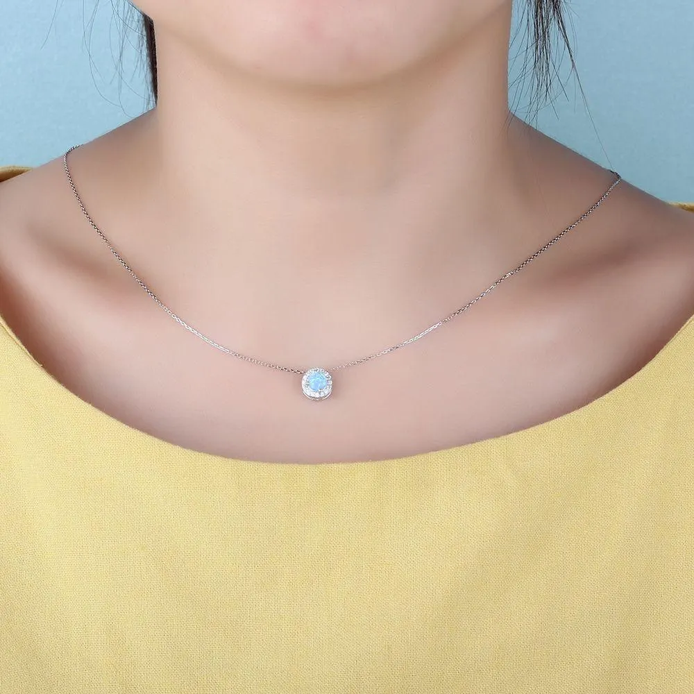 Genuine Sterling Silver Jewelry Necklace for Women with Elegant Round Opal Pendant