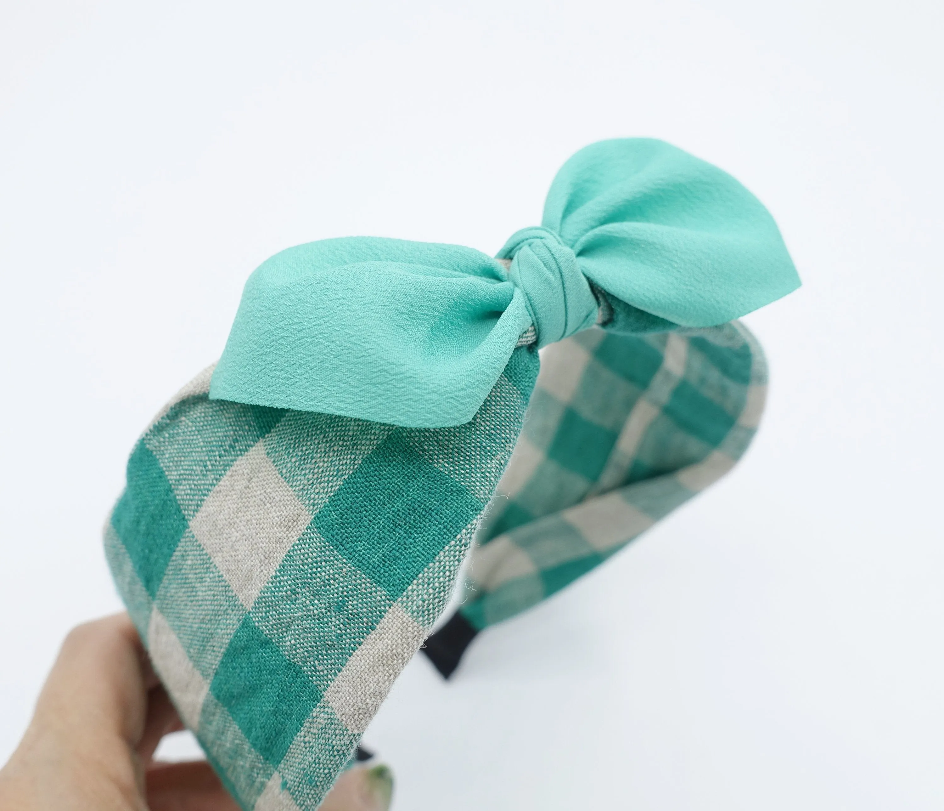 gingham linen bow knot headband Spring Summer hair accessory for women