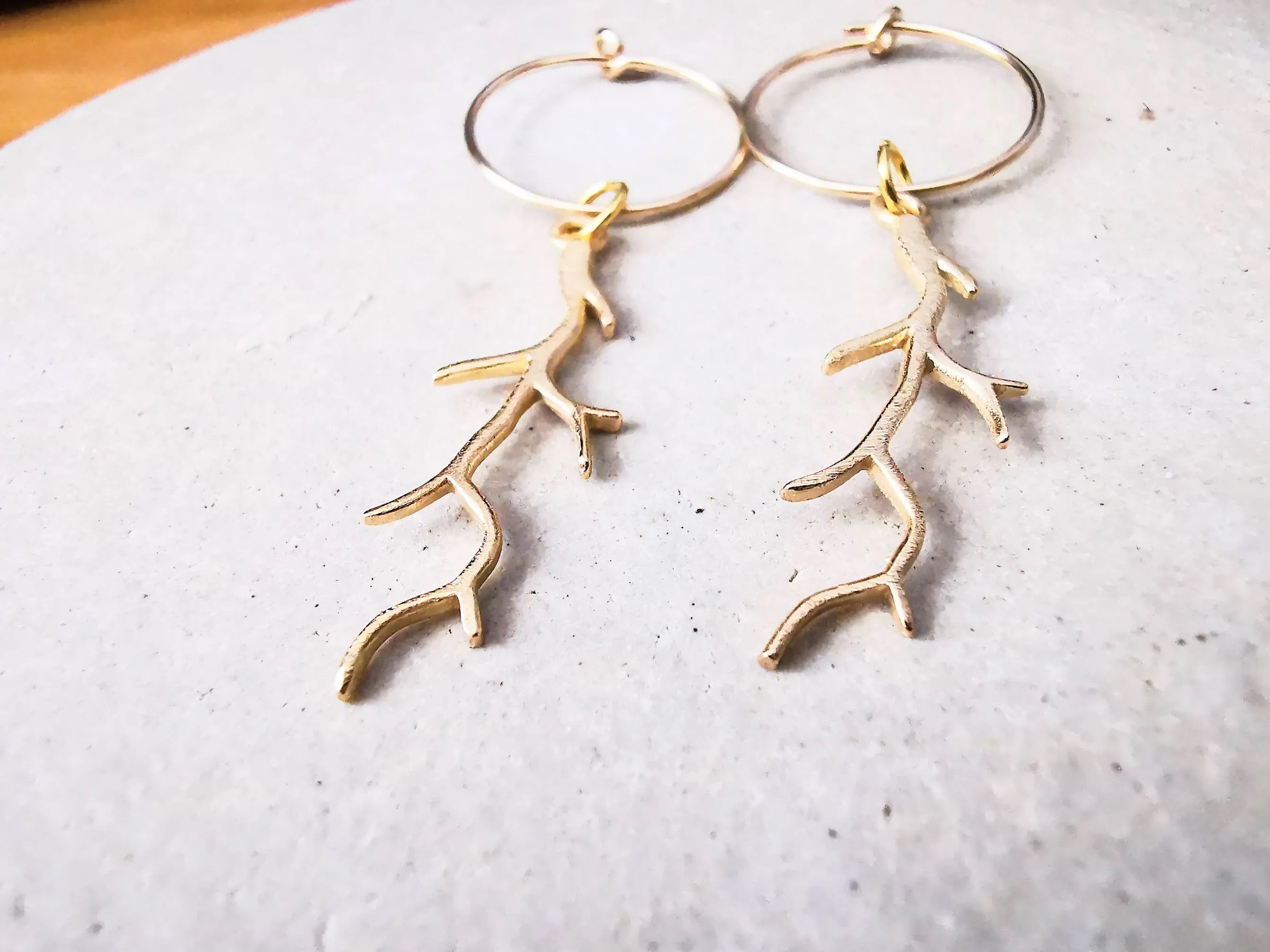 Gold Coral Pendant Hoop Earrings