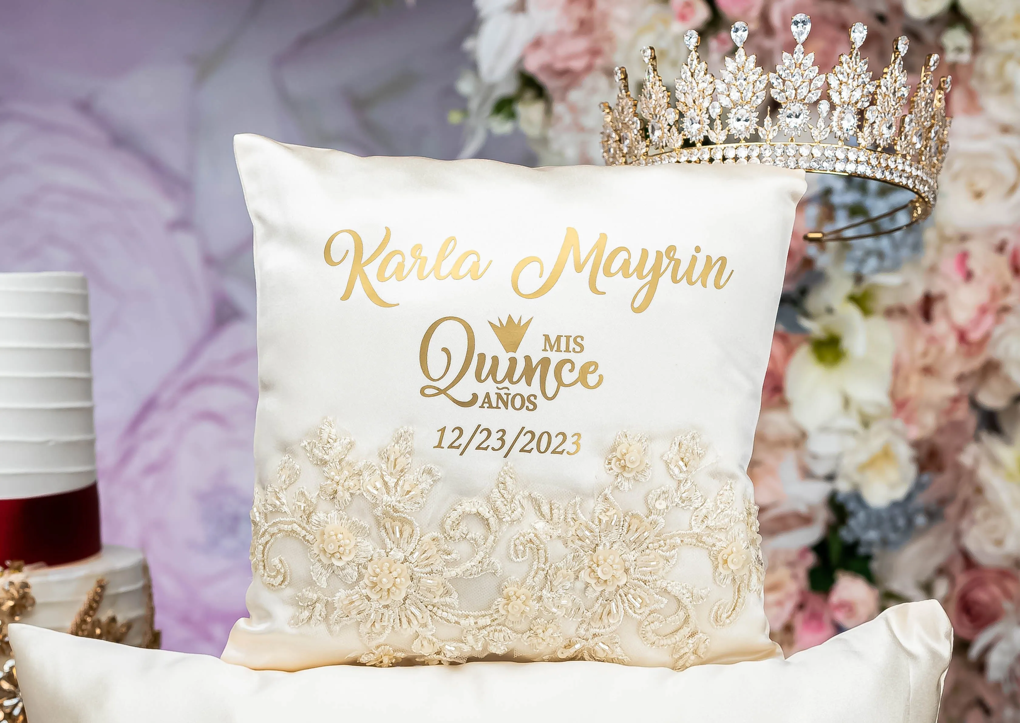 Gold quinceanera tiara pillow