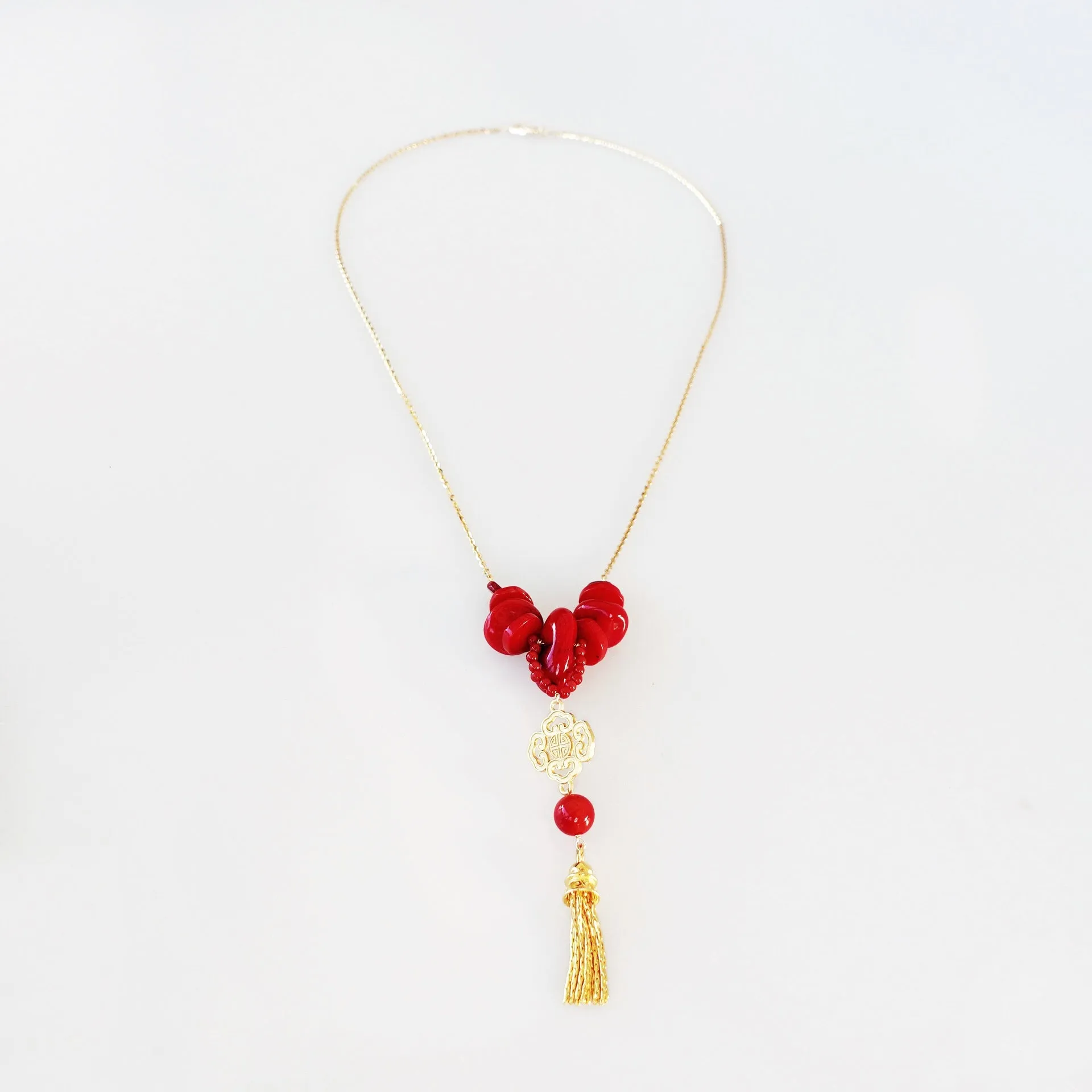 Gold Red Coral Tassel Necklace