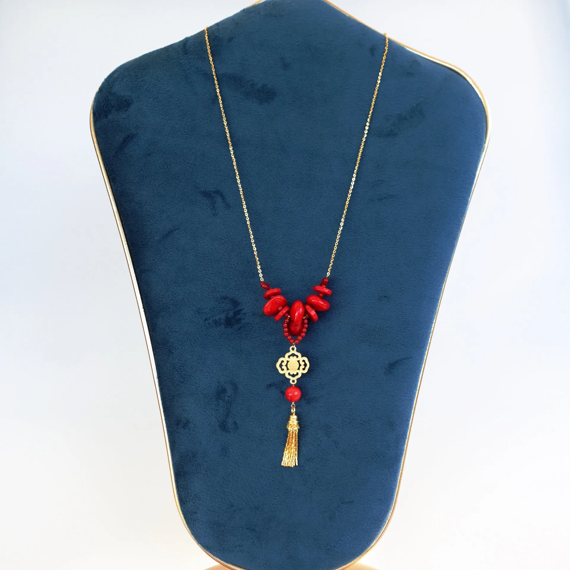 Gold Red Coral Tassel Necklace