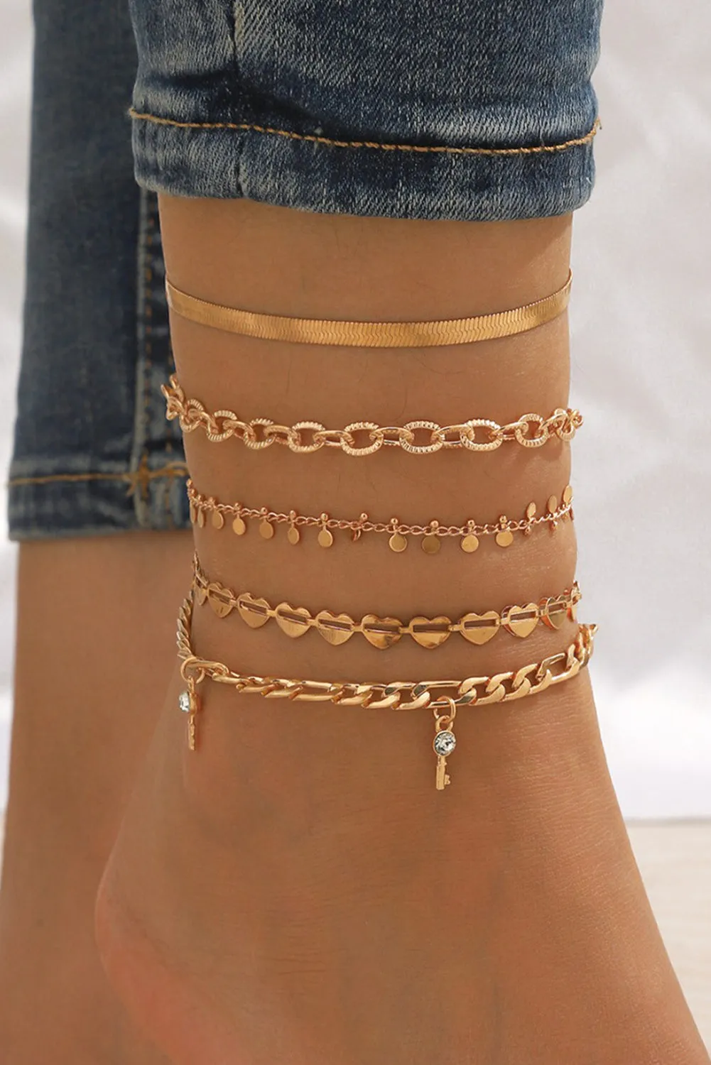 Gold Round Piece Fringe 5 Pieces Anklet Chains