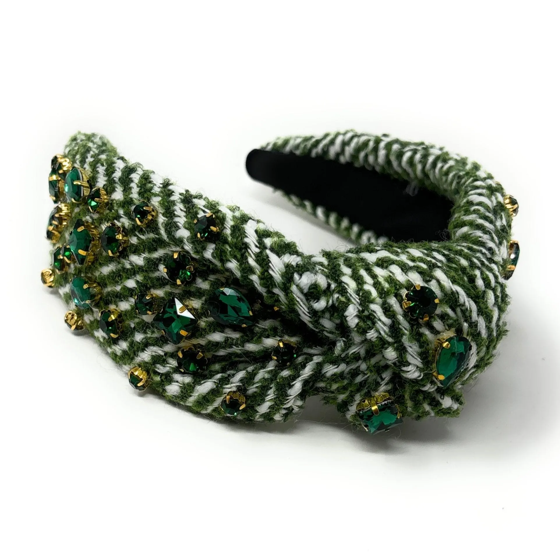 Green Tweed Jeweled Knot Headband