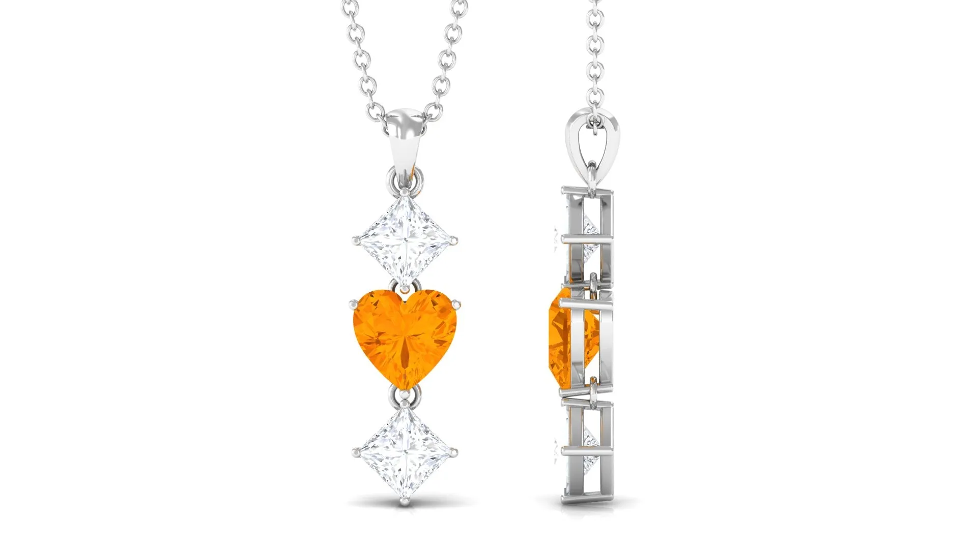 Heart Shape Fire Opal Drop Pendant with Princess Cut Moissanite