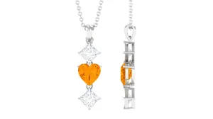 Heart Shape Fire Opal Drop Pendant with Princess Cut Moissanite