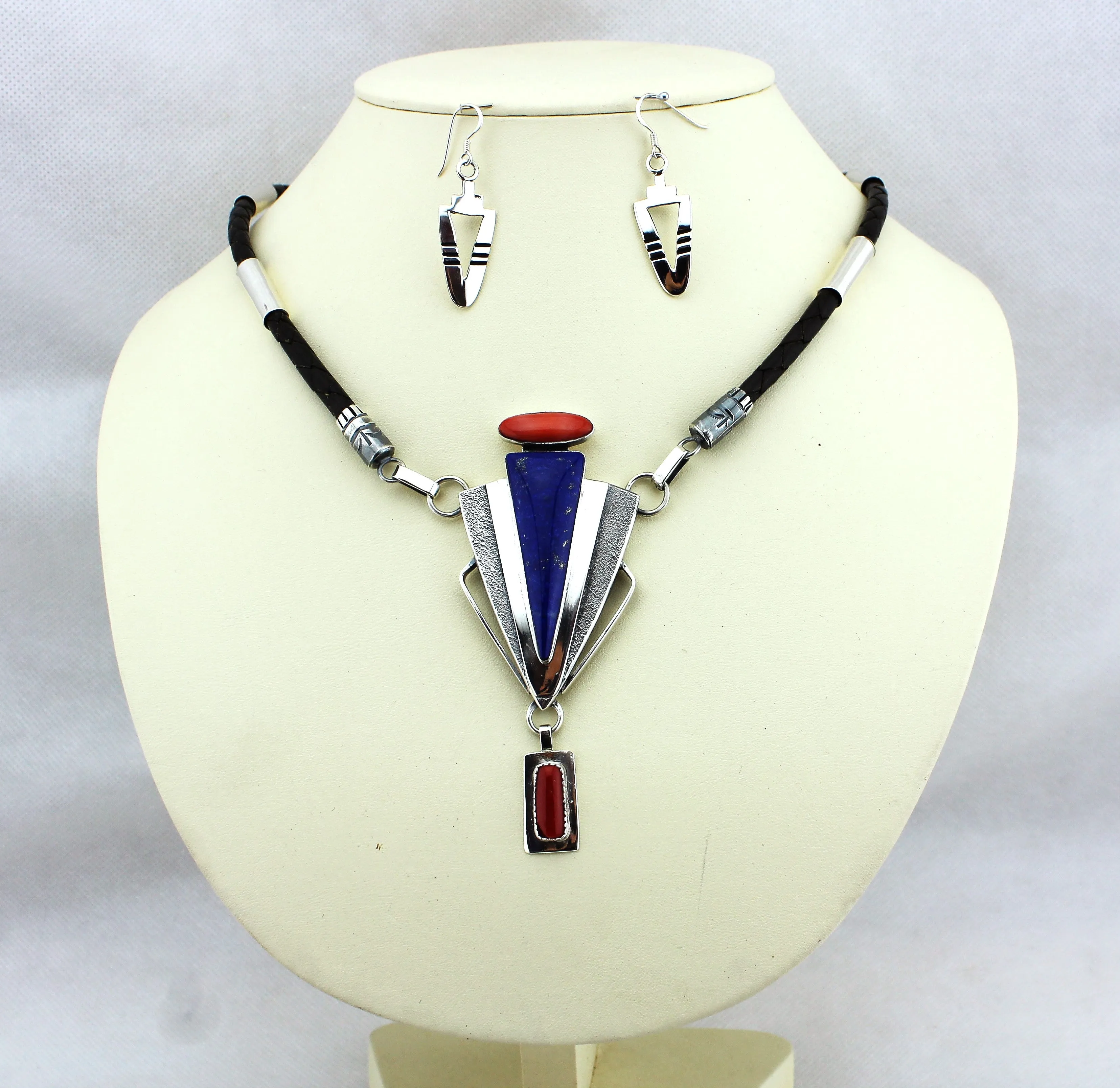 Jack Tom Sterling and Leather Necklace Earrings Set