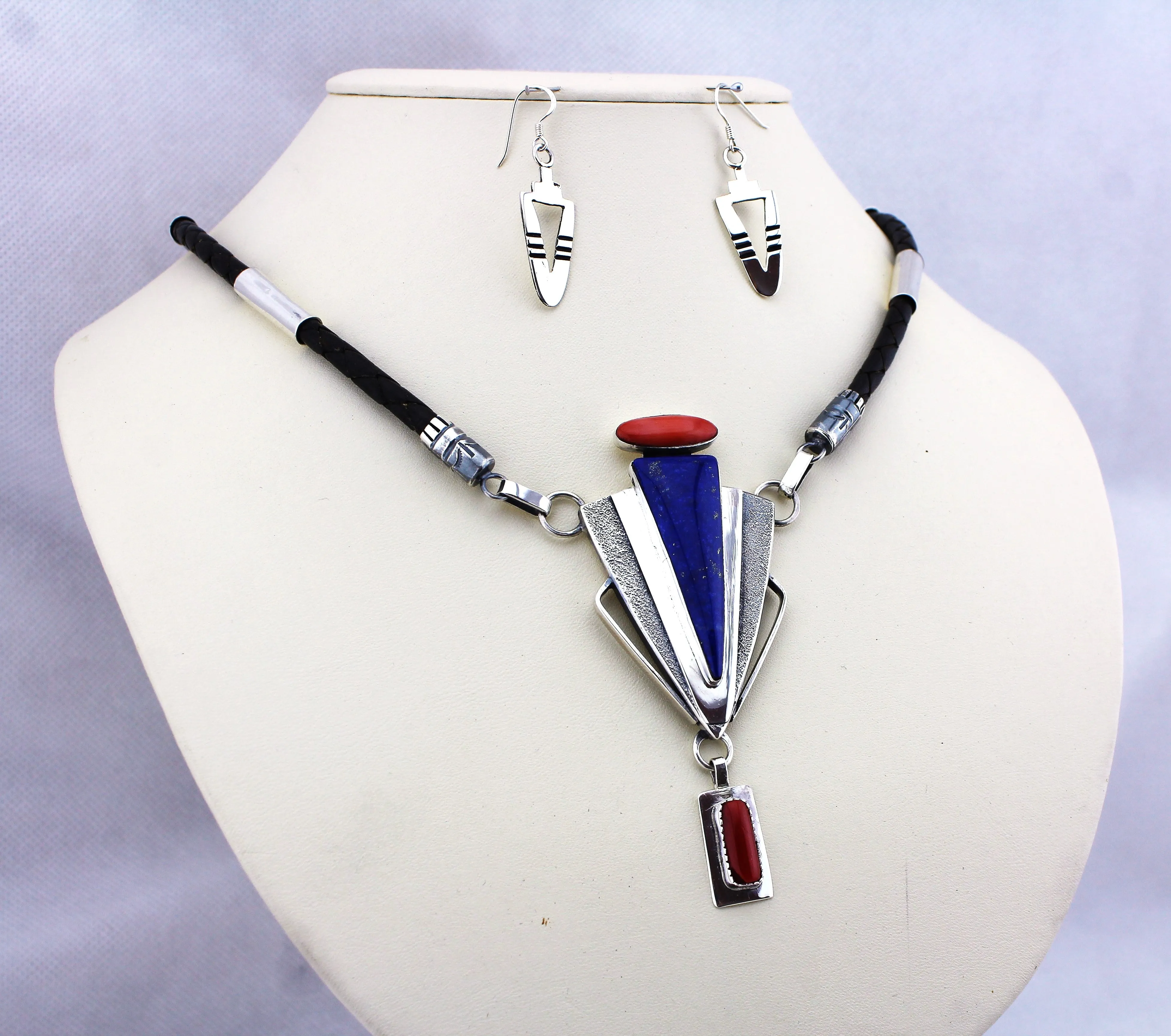 Jack Tom Sterling and Leather Necklace Earrings Set