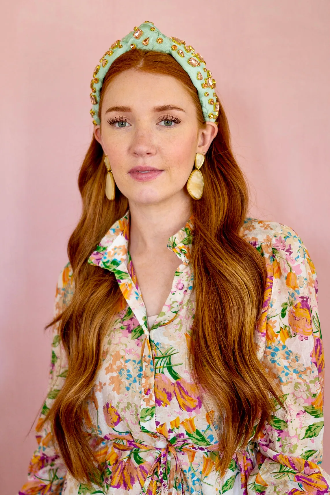 June Vintage Mint Brocade  Knotted Headband