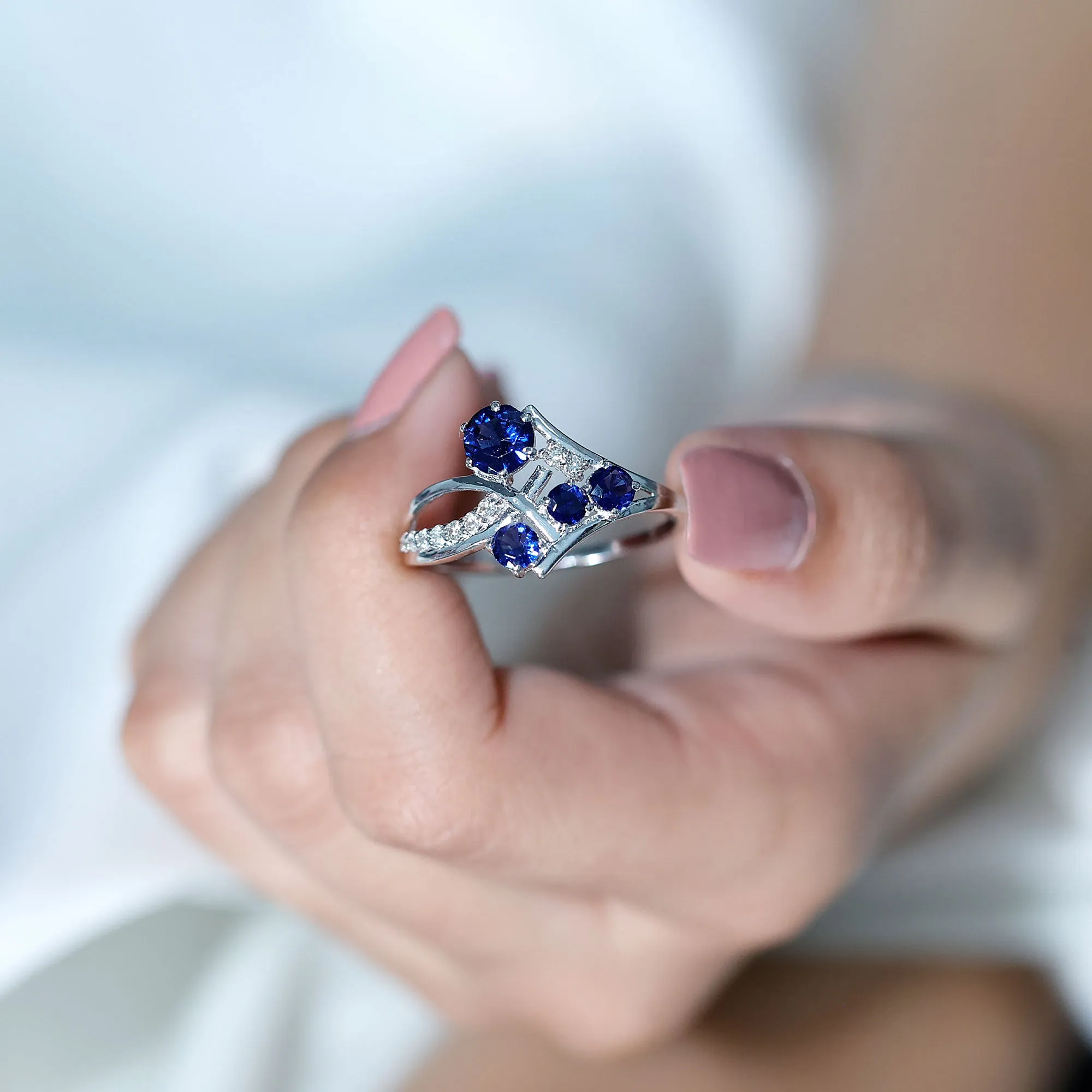 Lab Grown Blue Sapphire and Diamond Cluster Cocktail Ring