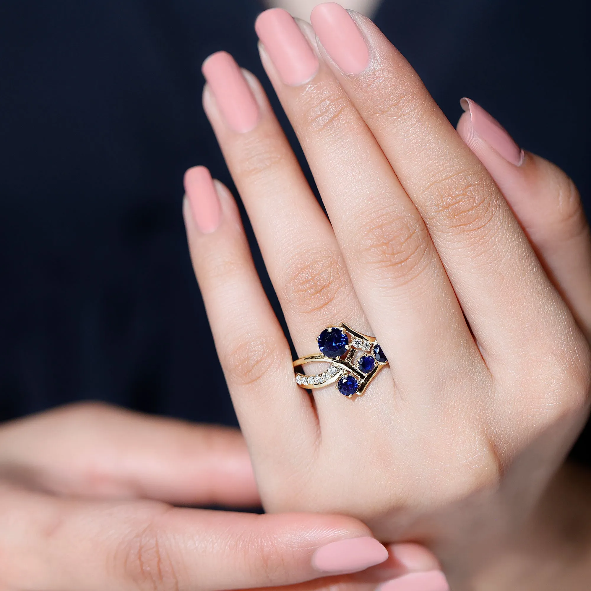 Lab Grown Blue Sapphire and Diamond Cluster Cocktail Ring