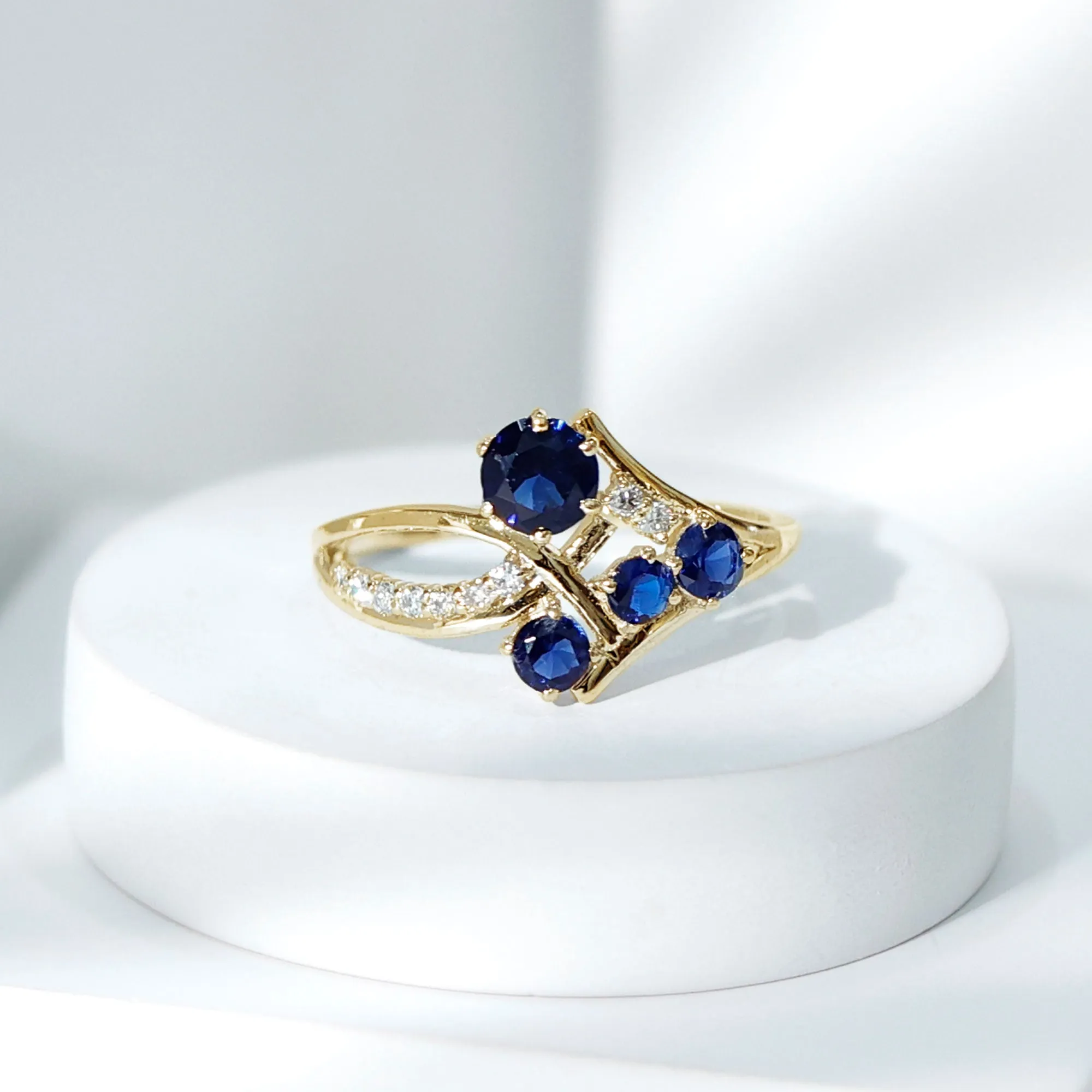 Lab Grown Blue Sapphire and Diamond Cluster Cocktail Ring