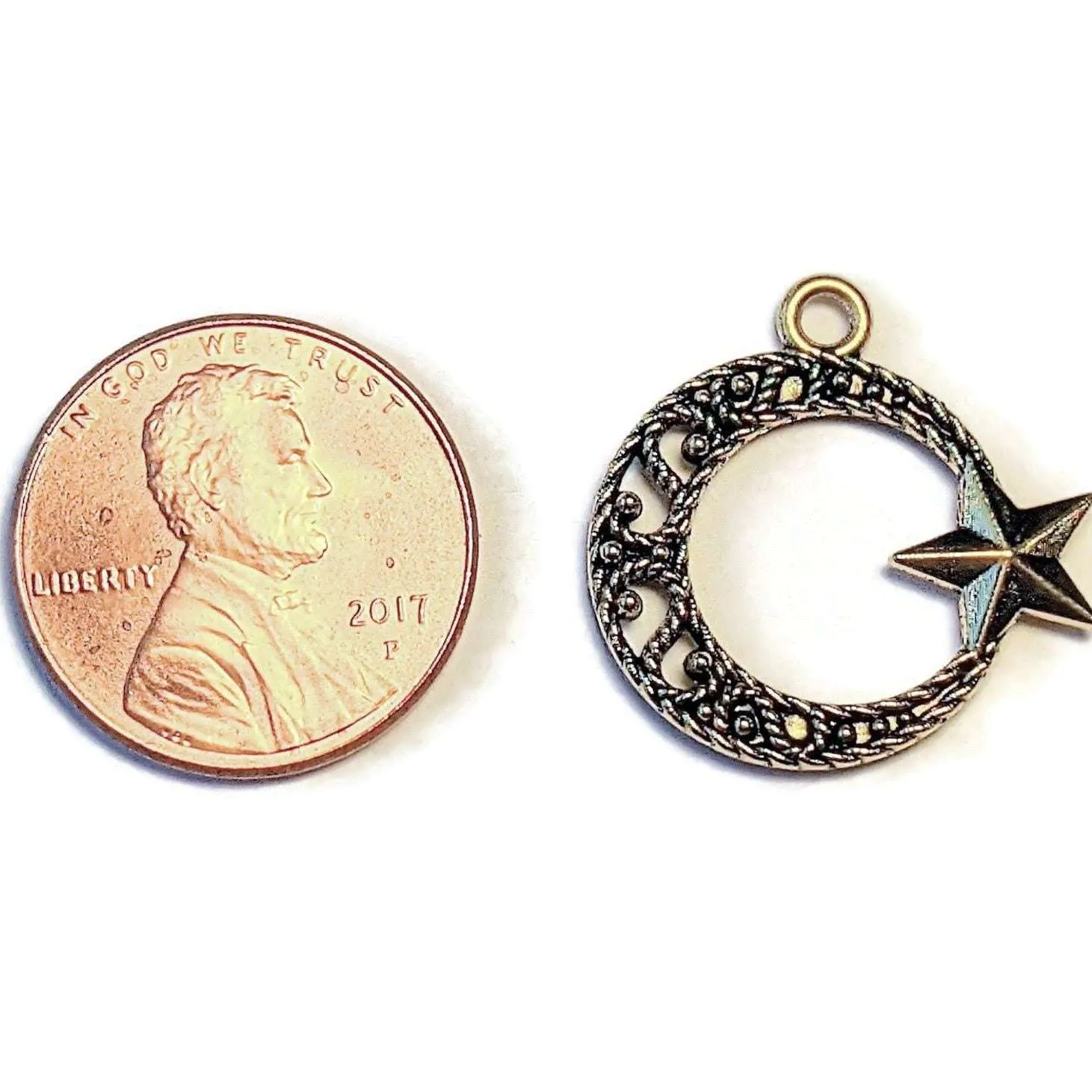 Large Gold Filigree Crescent Moon & Star Charm Pendant