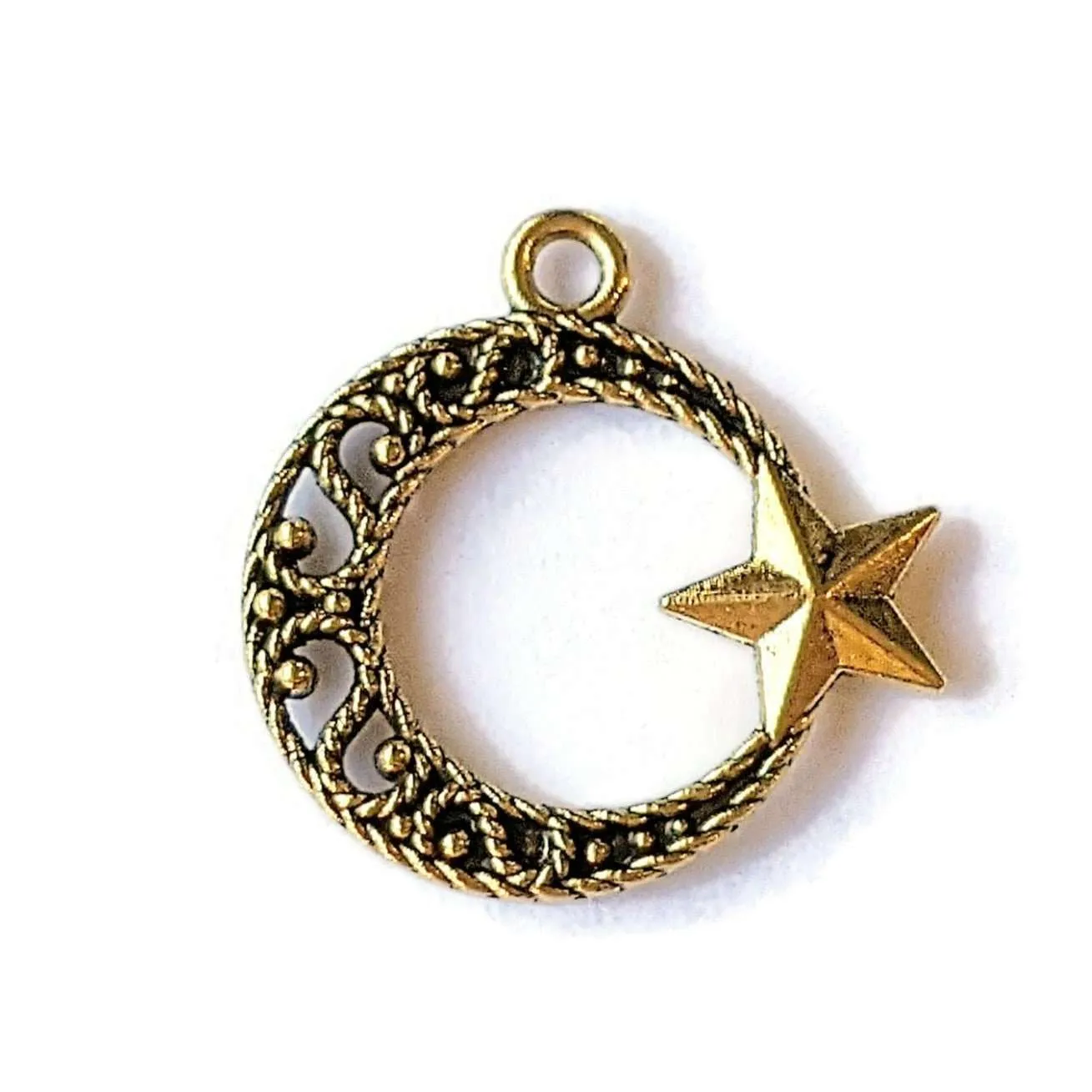 Large Gold Filigree Crescent Moon & Star Charm Pendant