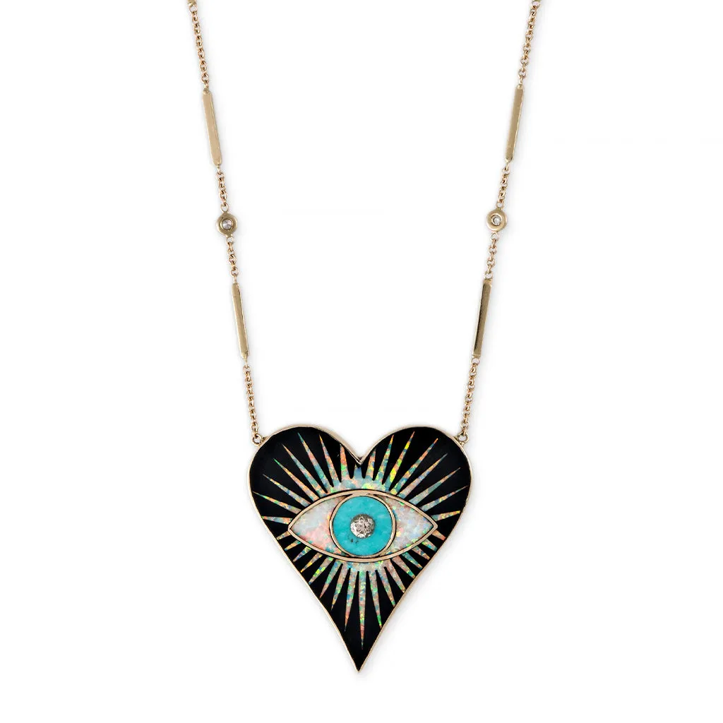 LARGE ONYX OPAL TURQUOISE INLAY EYE BURST HEART NECKLACE