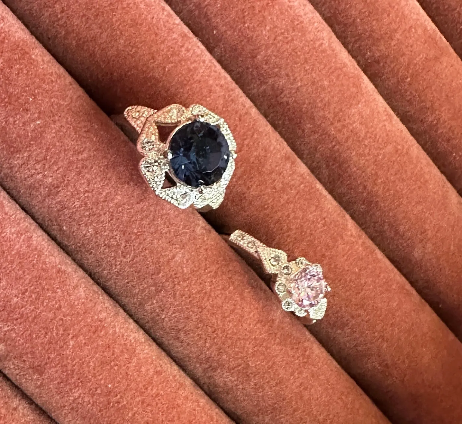 Lot Set of 2 Silver Tone Rhinestone Cocktail Rings Pink Blue Stones Sz 10