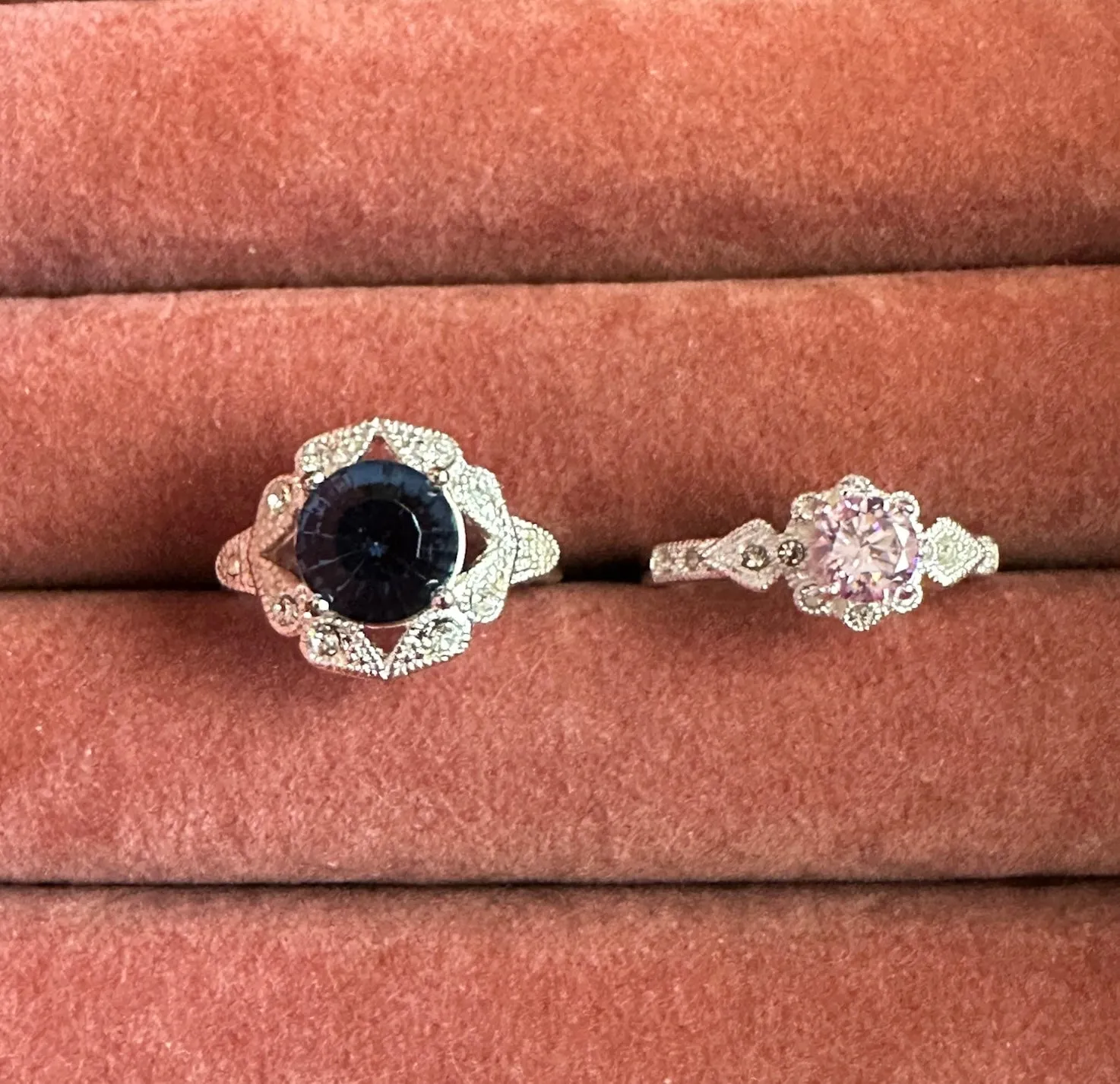 Lot Set of 2 Silver Tone Rhinestone Cocktail Rings Pink Blue Stones Sz 10