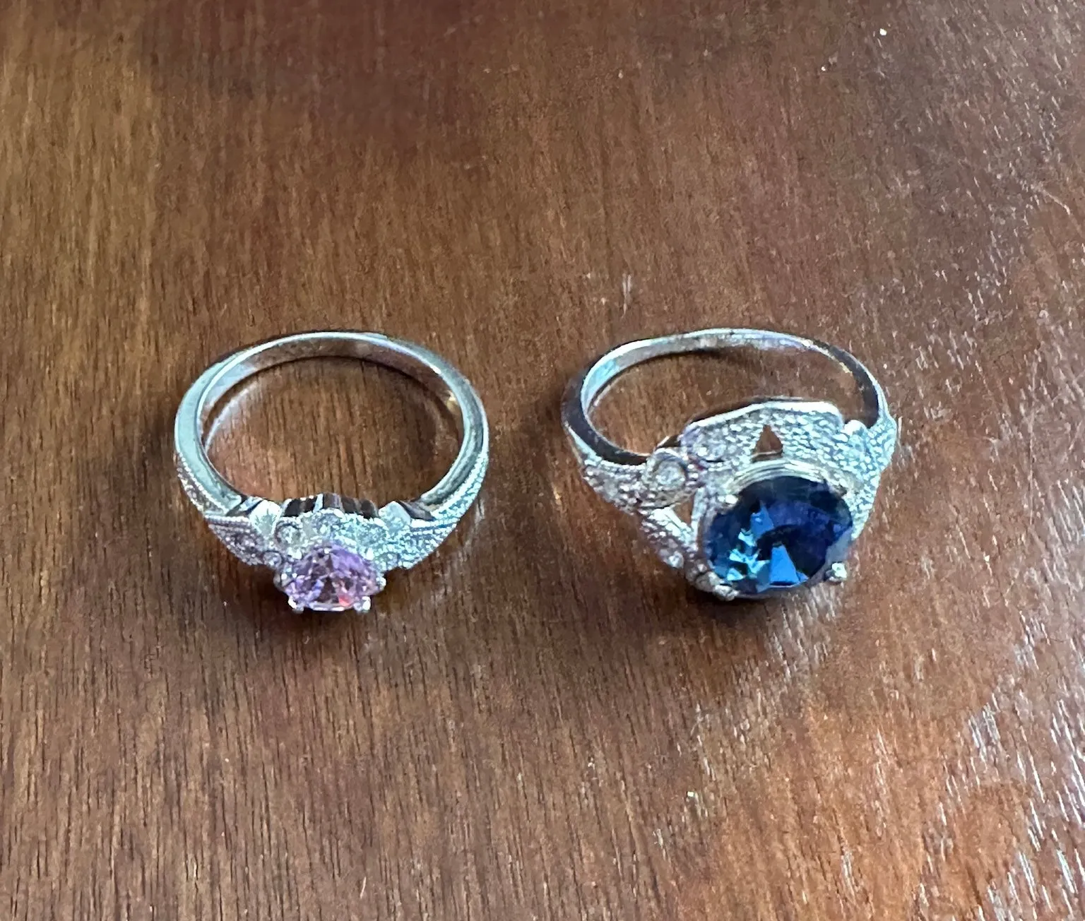 Lot Set of 2 Silver Tone Rhinestone Cocktail Rings Pink Blue Stones Sz 10