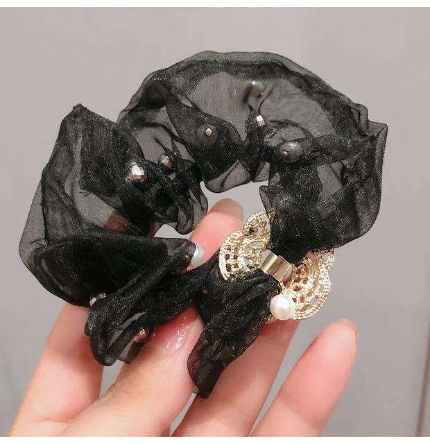 Luxury Black simple love ball head elegant hair rope retro glass crystal peach heart fold large intestine hair ring