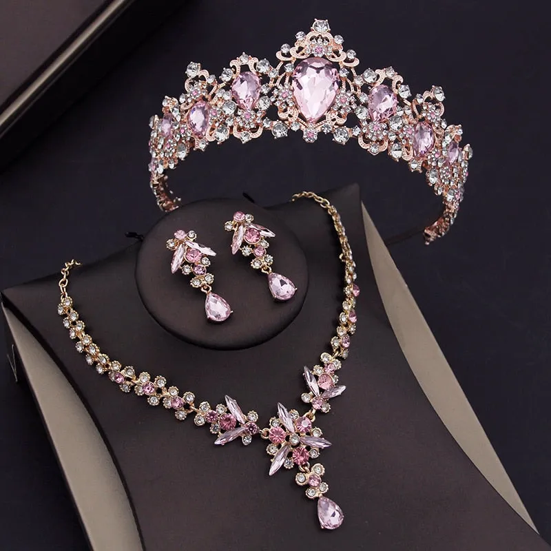 Luxury Pink Crystal  Jewelry Sets for Women Tiara Necklace & Earrings 4 Styles