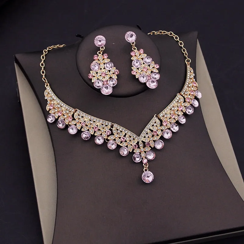 Luxury Pink Crystal  Jewelry Sets for Women Tiara Necklace & Earrings 4 Styles