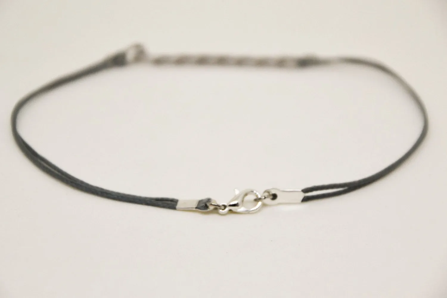 Men's anklet with a silver flat chain and a gray cord, handmade gift for him