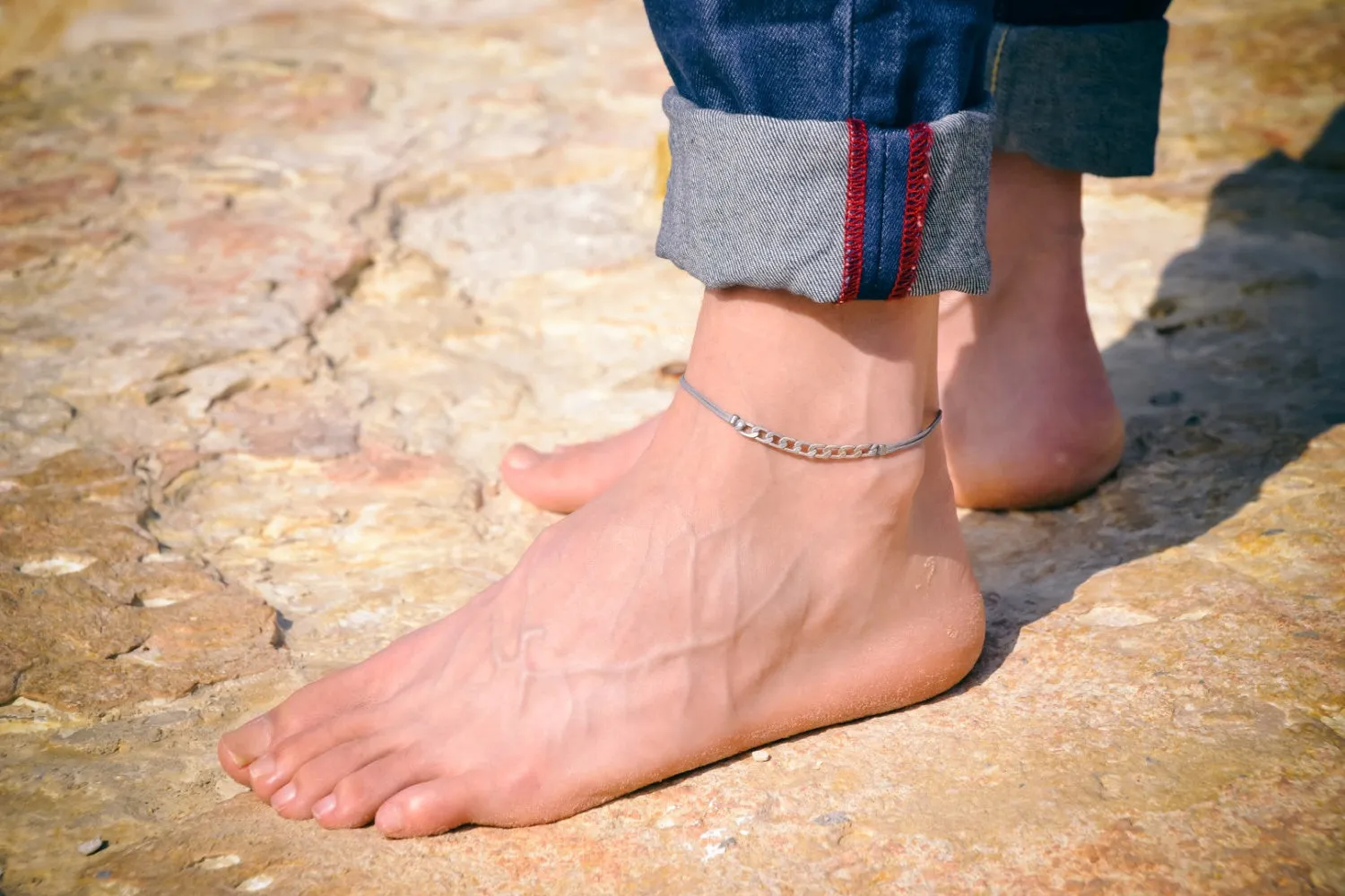 Men's anklet with a silver flat chain and a gray cord, handmade gift for him